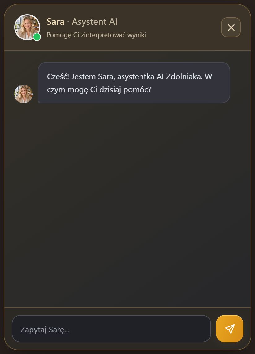 Rzeczywisty panel Sary z aktualnym awatarem, wiadomością powitalną i polem na pytanie