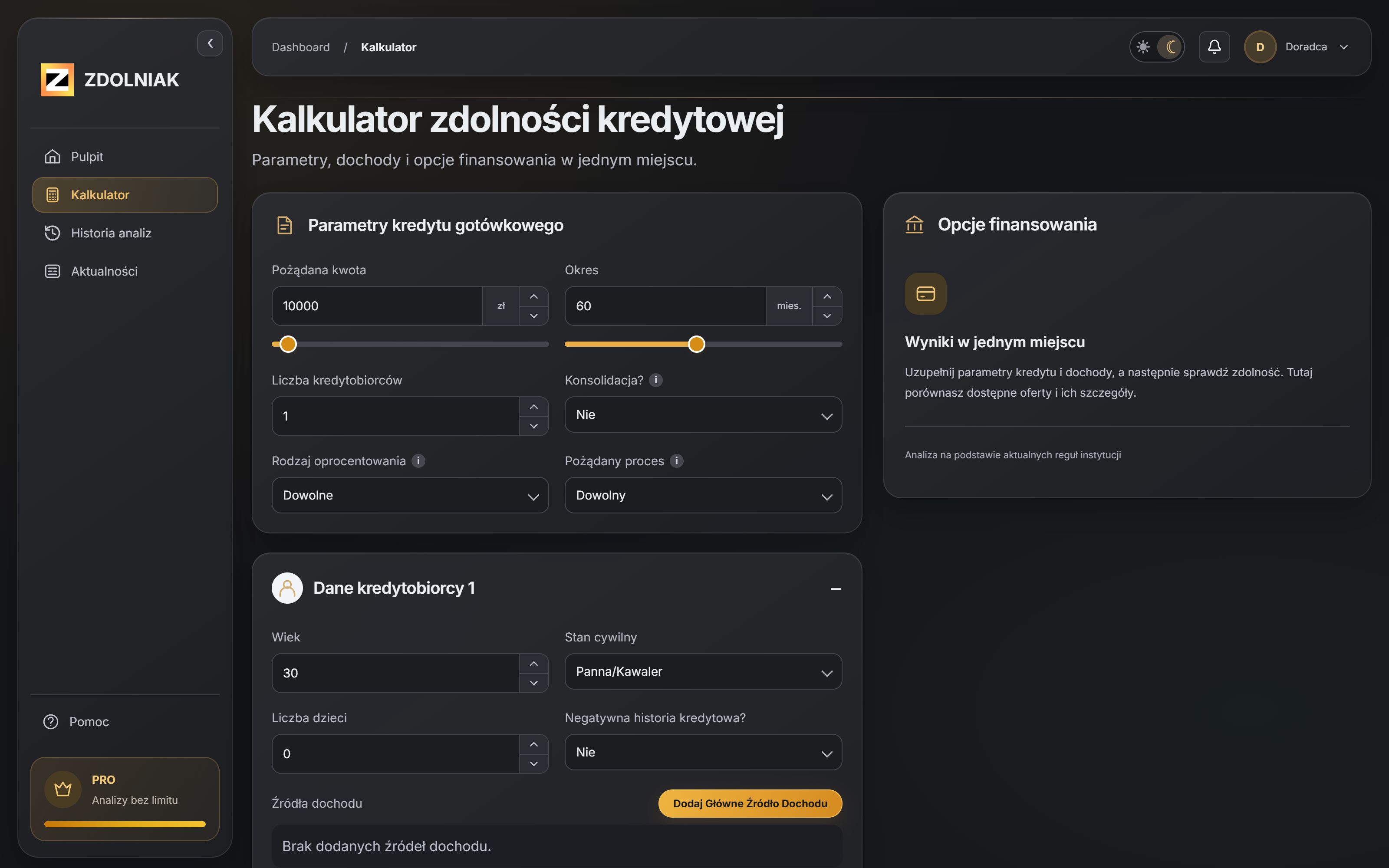 Kalkulator Zdolniaka w trybie ciemnym: parametry finansowania i dane demonstracyjne, użytkownik Doradca
